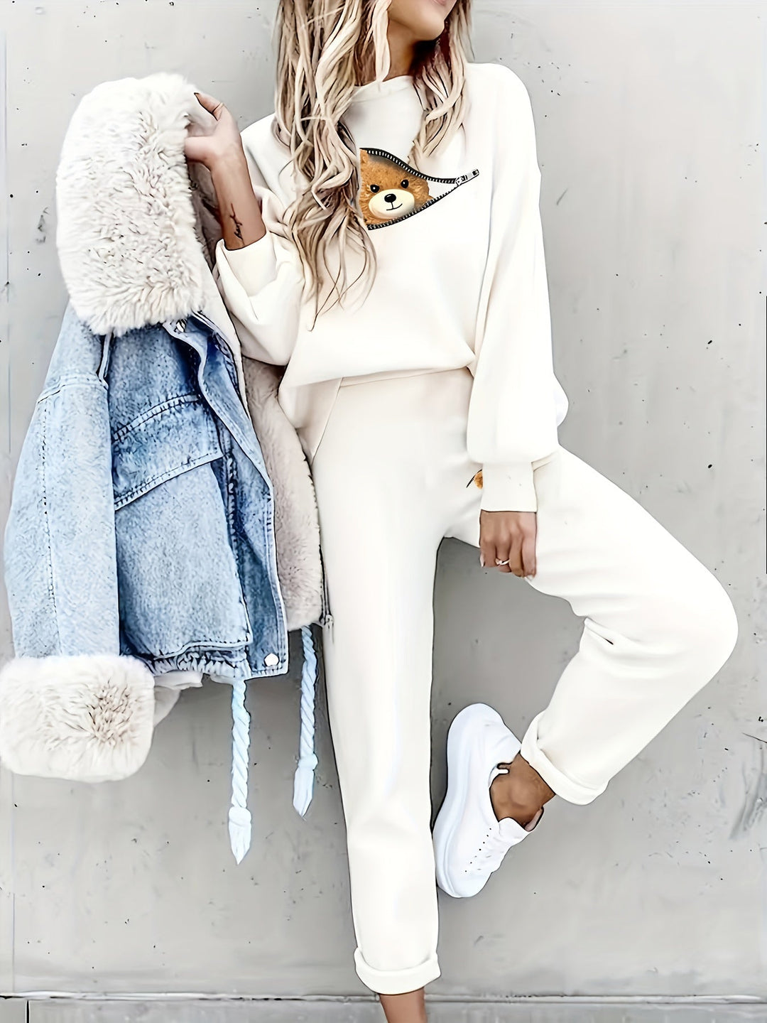 Casual Two-Piece Outfit with Cute Bear Print - Mila-White-S-Nora Luxe