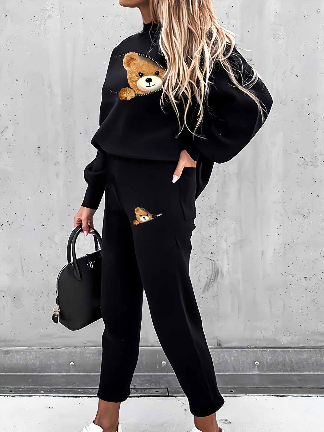 Casual Two-Piece Outfit with Cute Bear Print - Mila-White-S-Nora Luxe