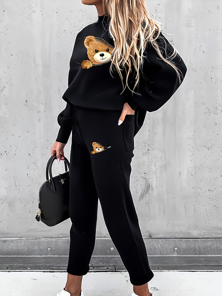 Casual Two-Piece Outfit with Cute Bear Print - Mila-White-S-Nora Luxe