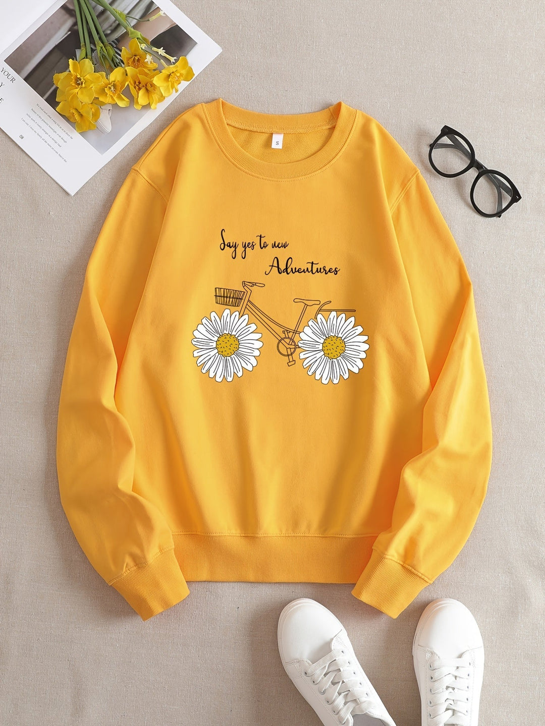 Casual Yellow Sweatshirt with Humorous Graphic Print - Elara-S-Nora Luxe