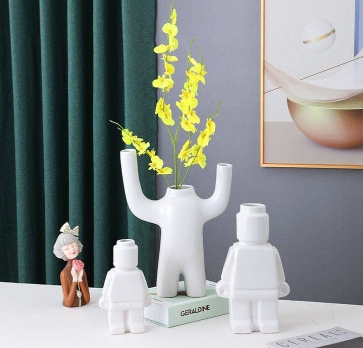 Ceramic Flower Pots Robot - BrickBotanica-White-S-The Livary