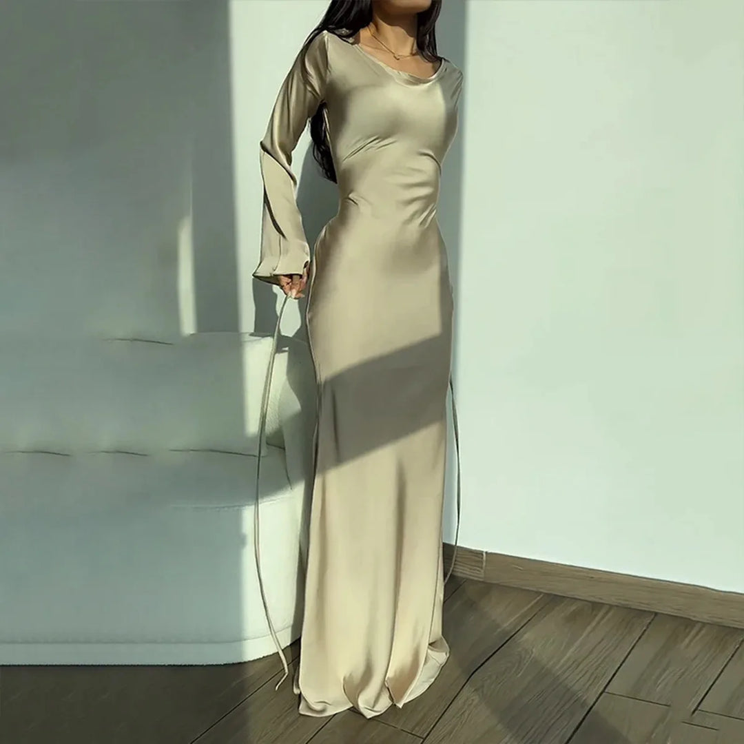 Charming Long Dress with Long Sleeves - Nila-Beige-S-The Livary
