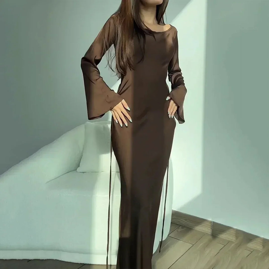 Charming Long Dress with Long Sleeves - Nila-Brown-S-The Livary