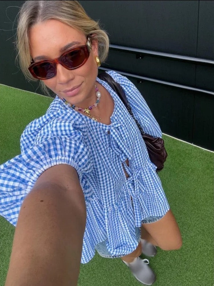 Checked Ladies Blouse with Puff Sleeves – Maeve-Blue-S-State of Style