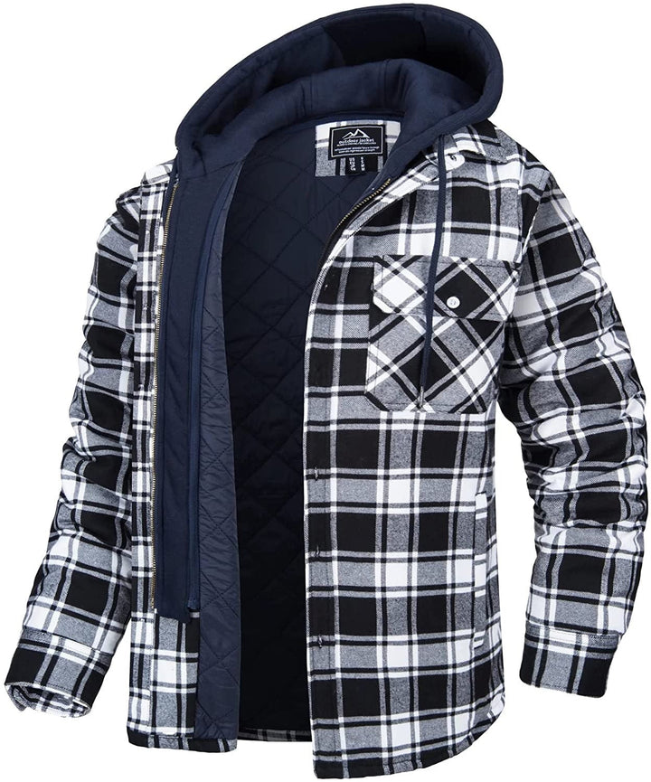 Checked Men's Hoodie with Warm Lining - Ethan-Black - White-S-Nora Luxe
