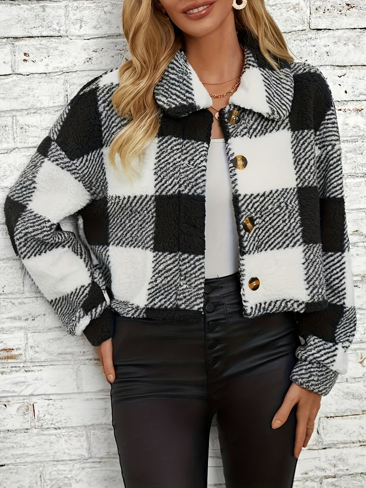 Checked Teddy Jacket with Button Closure - Clara-Black-XS-Nora Luxe