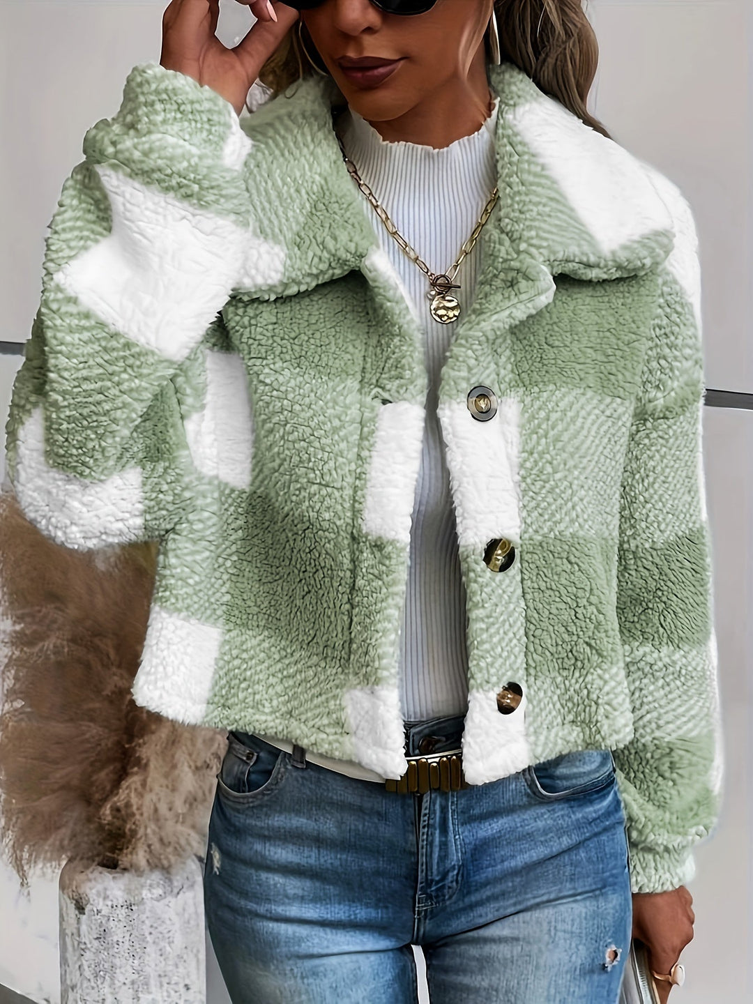 Checked Teddy Jacket with Button Closure - Clara-Green-XS-Nora Luxe