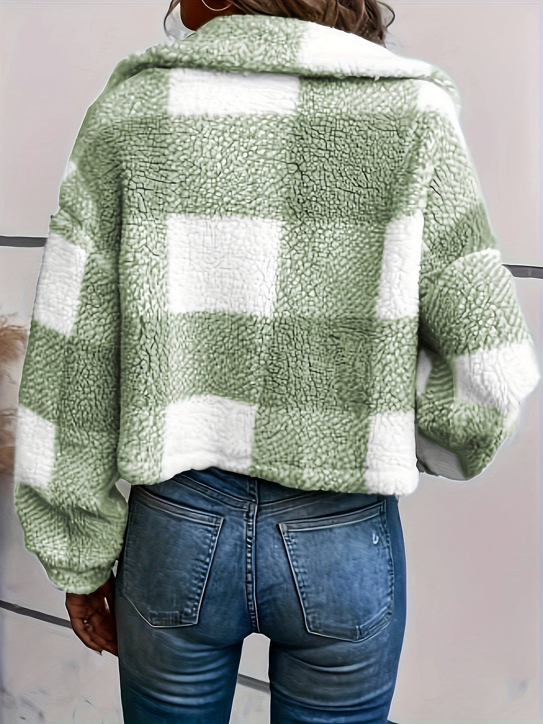 Checked Teddy Jacket with Button Closure - Clara-Green-XS-Nora Luxe