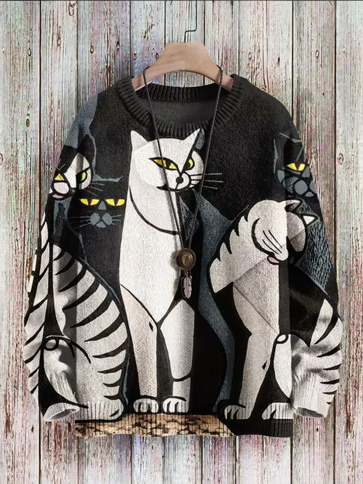 Cheerful Cat Print Sweater for Women - Cleo-Minet-S-Nora Luxe
