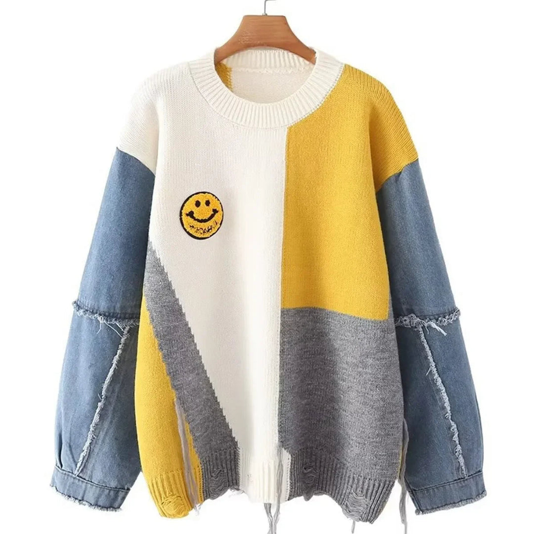 Cheerful Patchwork Sweater for Women - Liora-White/Yellow-S-Nora Luxe