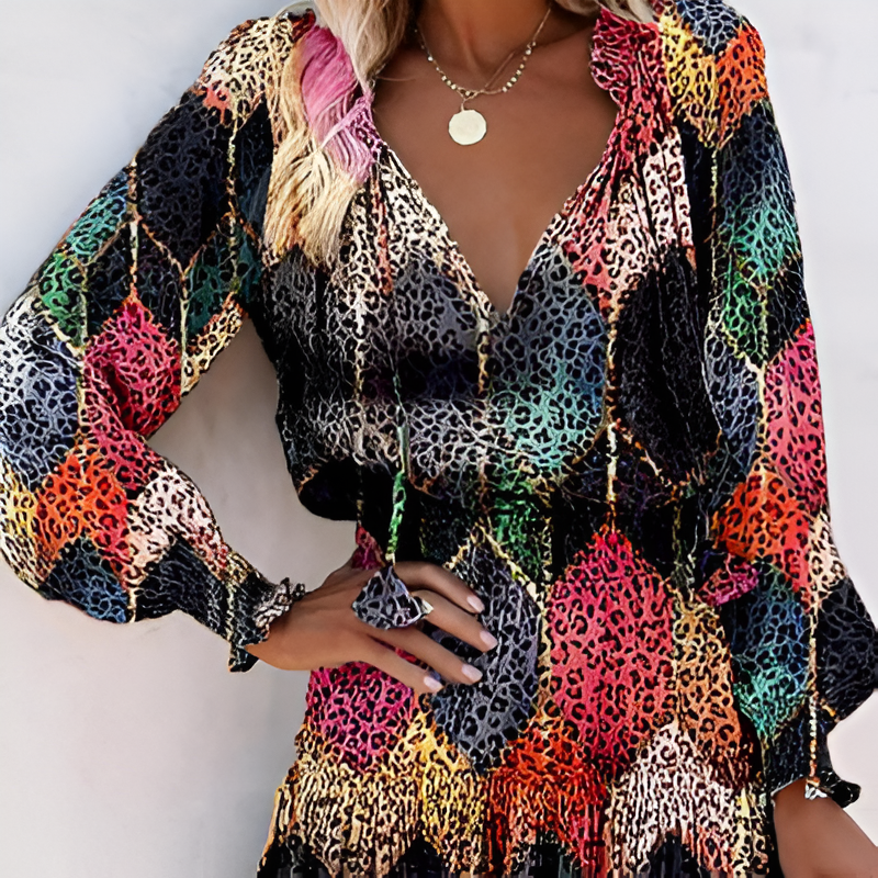 Cheerful Summer Dress with Print and Ruffles – Lina-Black-S-State of Style