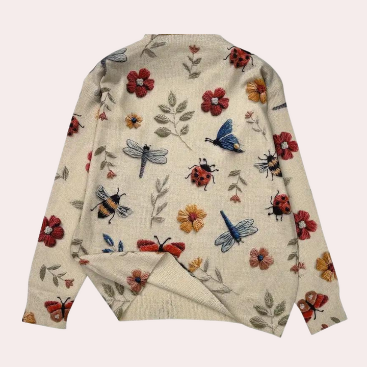 Cheerful Women's Sweater with Floral Print - Fleur-White-XS-Nora Luxe