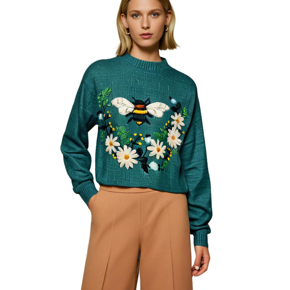 Cheerful Women's Sweater with Floral Print - Fleur-White-XS-Nora Luxe