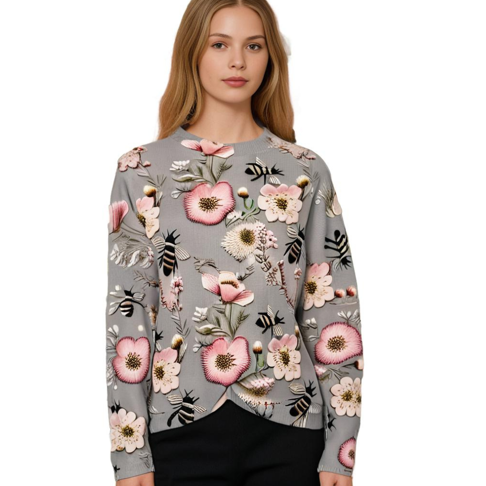 Cheerful Women's Sweater with Floral Print - Fleur-White-XS-Nora Luxe