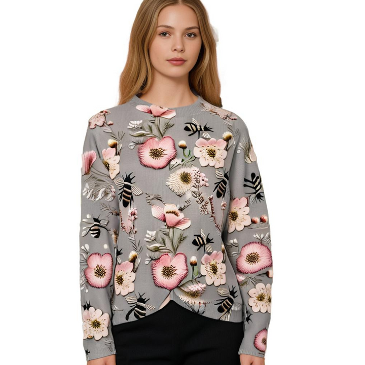 Cheerful Women's Sweater with Floral Print - Fleur-White-XS-Nora Luxe