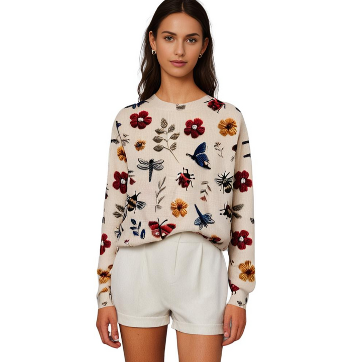 Cheerful Women's Sweater with Floral Print - Fleur-White-XS-Nora Luxe