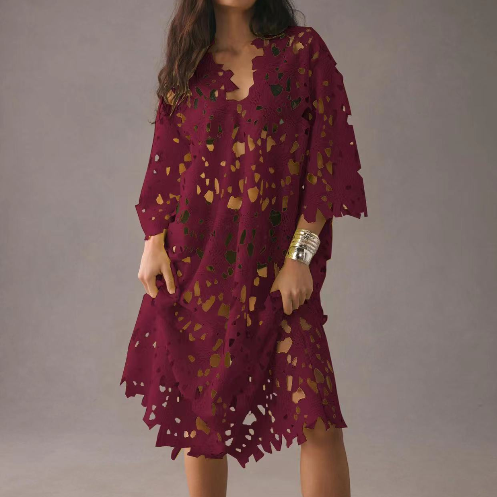 Chic Midi Dress with Embroidered Details - Isla-Bordeaux red-XS-Nora Luxe