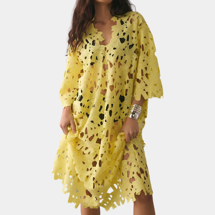 Chic Midi Dress with Embroidered Details - Isla-Yellow-XS-Nora Luxe