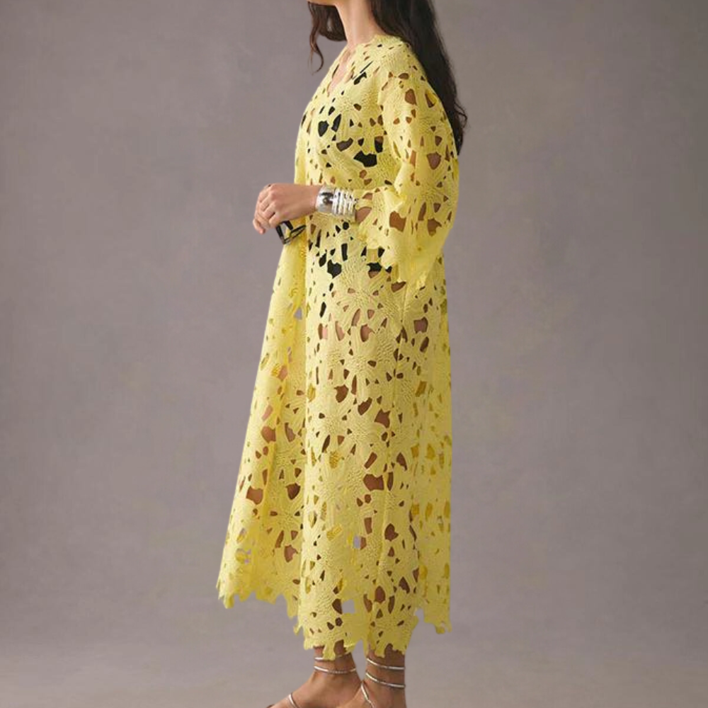 Chic Midi Dress with Embroidered Details - Isla-Yellow-XS-Nora Luxe