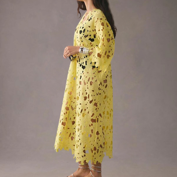 Chic Midi Dress with Embroidered Details - Isla-Yellow-XS-Nora Luxe