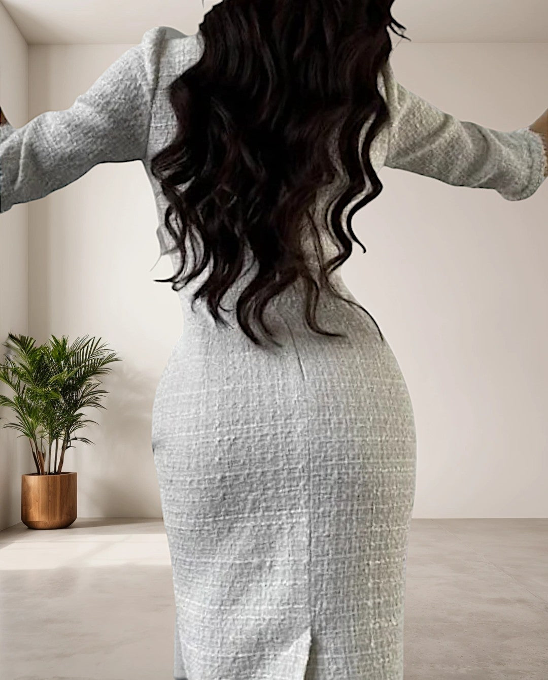 Chic White Tweed Dress with Round Neck - Eveline-S-Nora Luxe