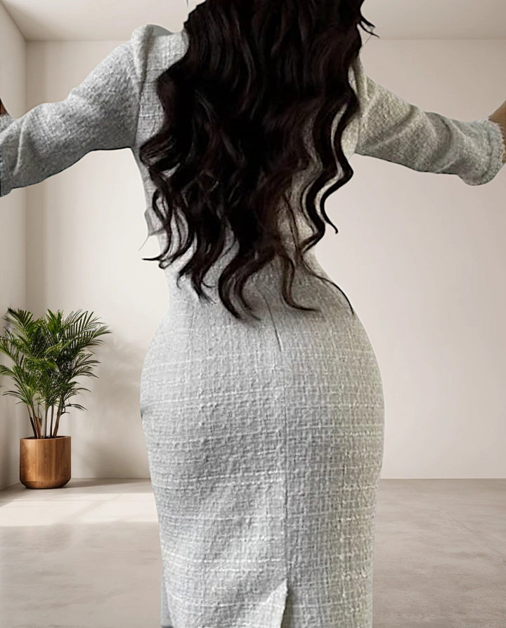 Chic White Tweed Dress with Round Neck - Eveline-S-Nora Luxe