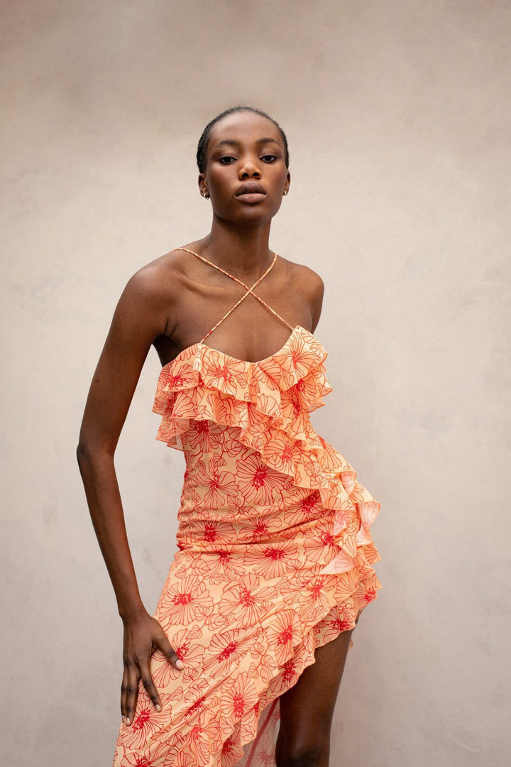 Chiffon Maxi Dress with Ruffles and Crossed Neckline – Elenna-Brown-S-State of Style