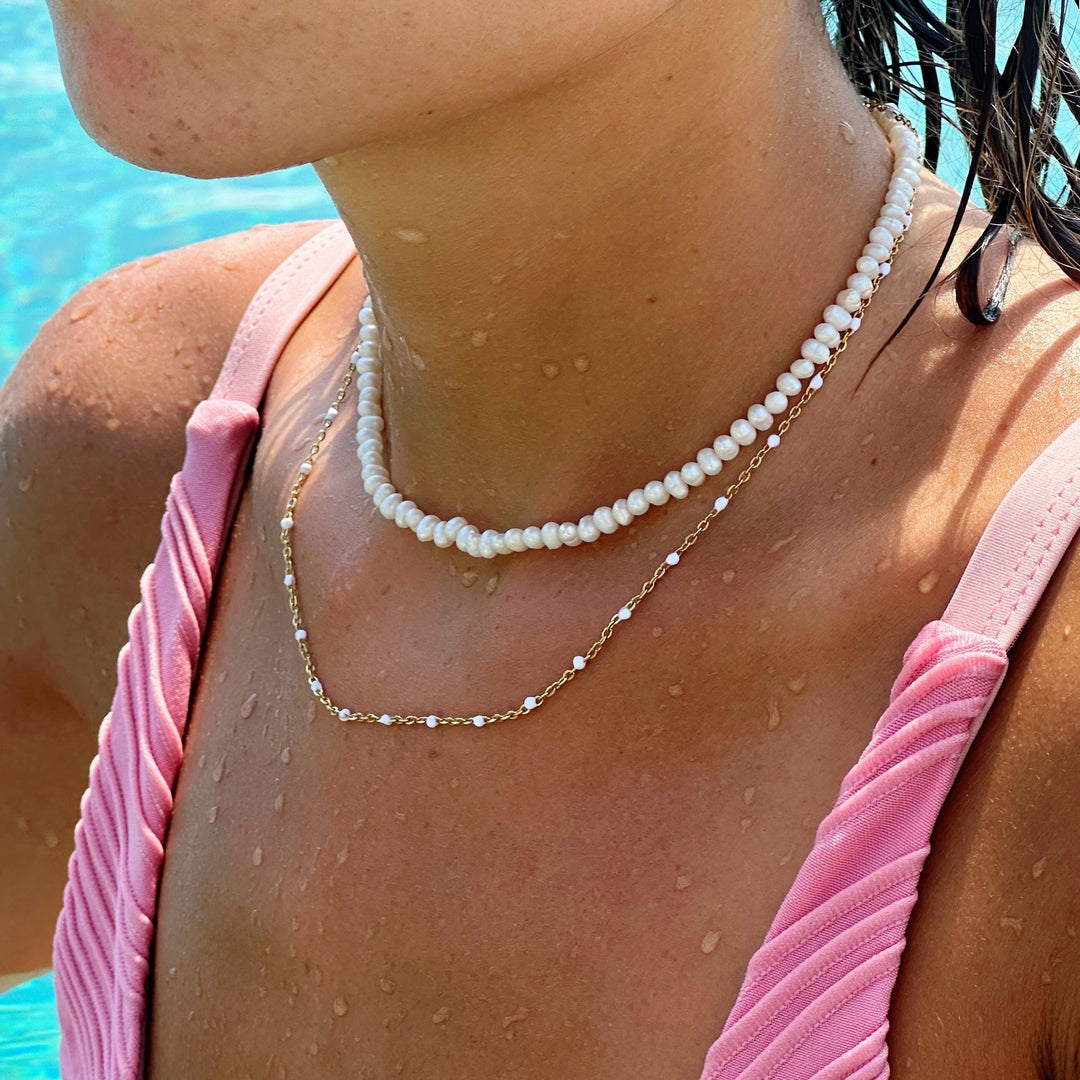 Choker with White Enamel Beads - Aurielle-Gold-Nora Luxe