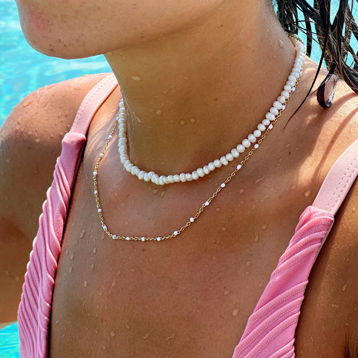 Choker with White Enamel Beads - Aurielle-Gold-Nora Luxe