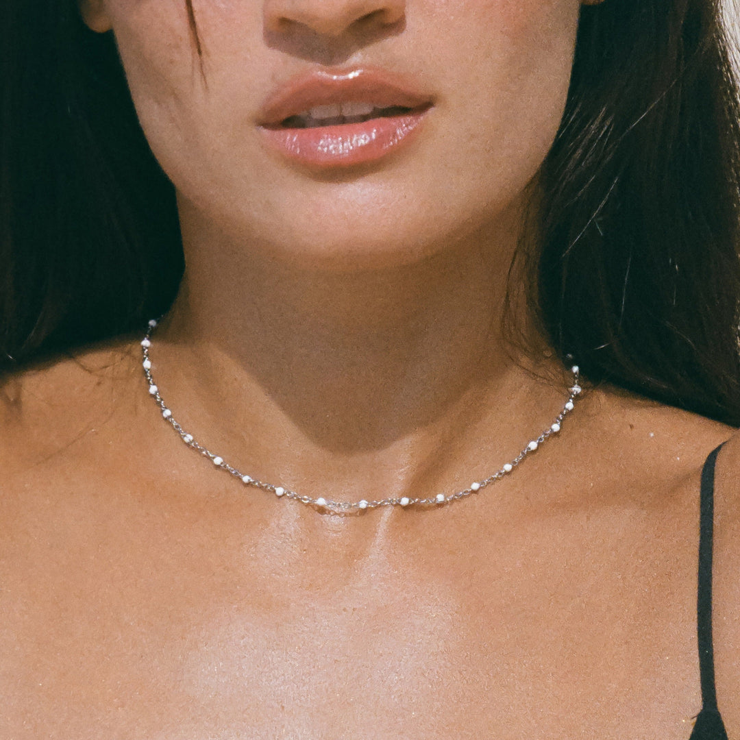 Choker with White Enamel Beads - Aurielle-Silver-Nora Luxe