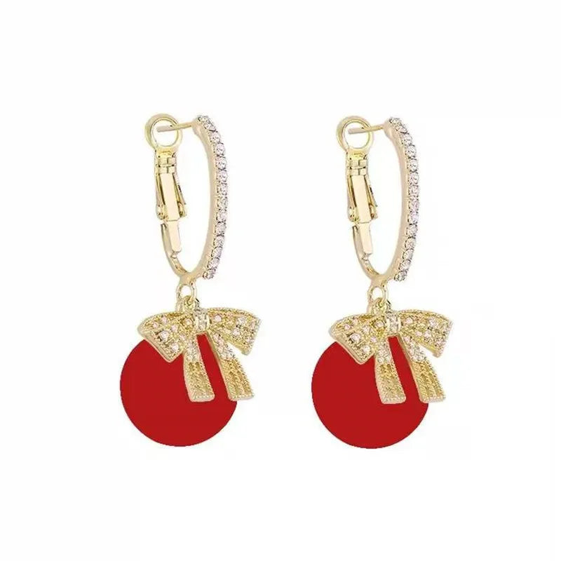CHRISTMAS PEARL AND BOW EARRINGS-BEIGE-Nora Luxe