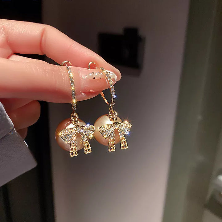 CHRISTMAS PEARL AND BOW EARRINGS-PINK-Nora Luxe
