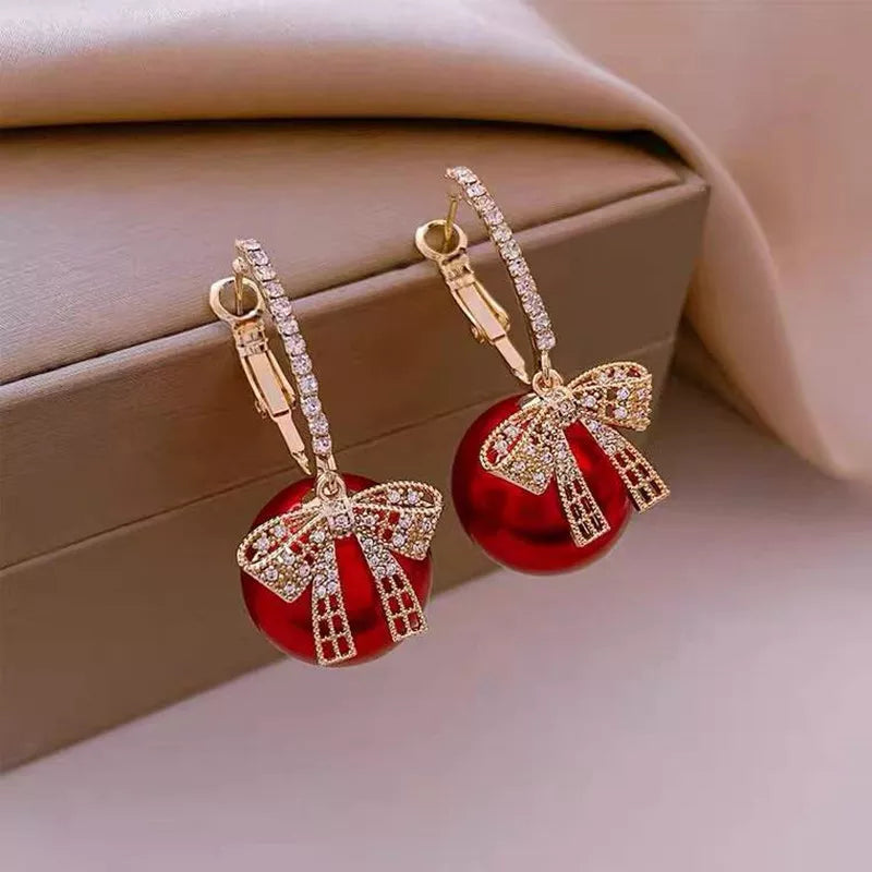 CHRISTMAS PEARL AND BOW EARRINGS-RED-Nora Luxe