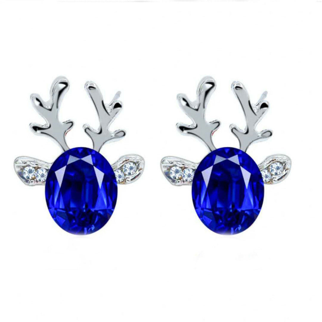 Christmas Reindeer Stud Earrings | Festive Women's Jewellery-BLUE SILVER-Nora Luxe