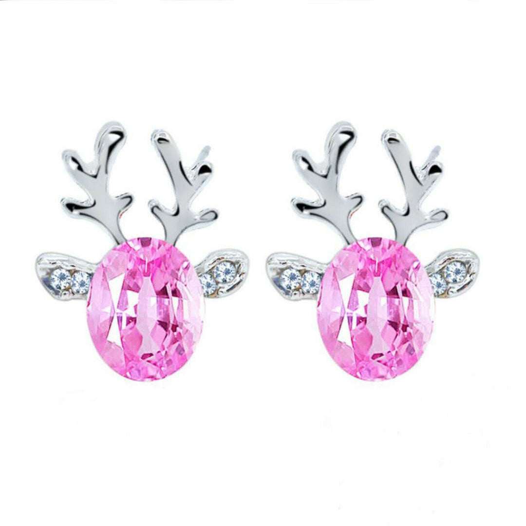 Christmas Reindeer Stud Earrings | Festive Women's Jewellery-PINK SILVER-Nora Luxe