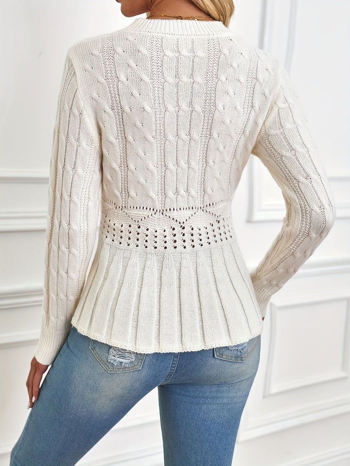 Chunky Cable Knit Sweater with Round Neck - Elena-Beige-S-Nora Luxe