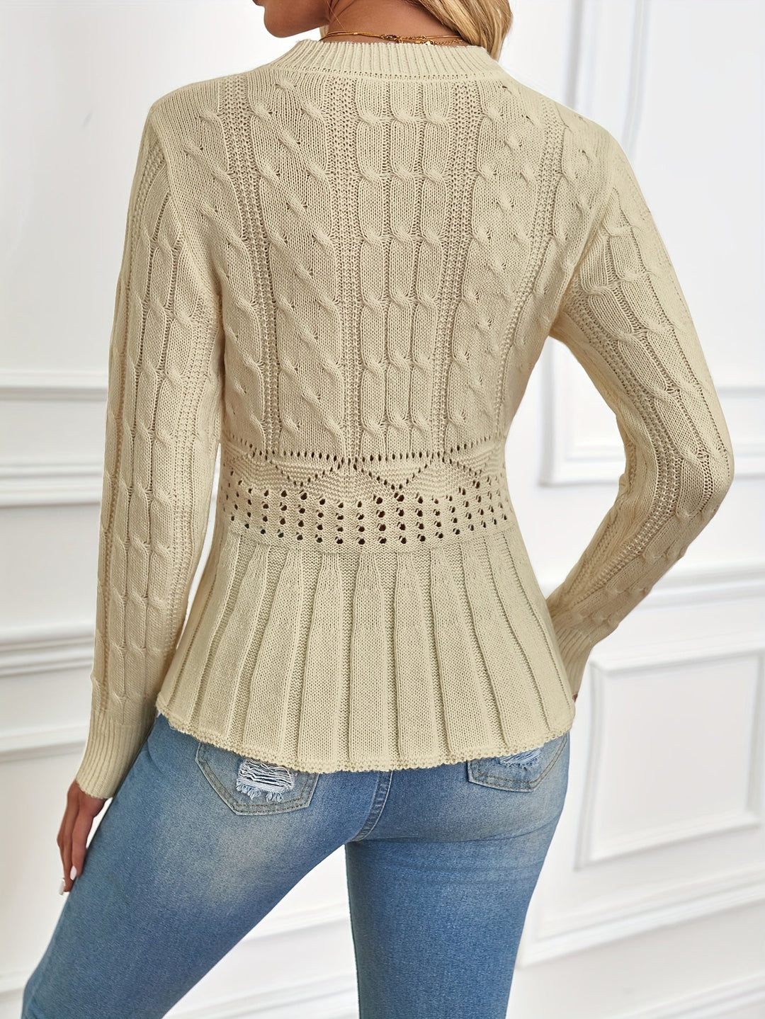 Chunky Cable Knit Sweater with Round Neck - Elena-Beige-S-Nora Luxe