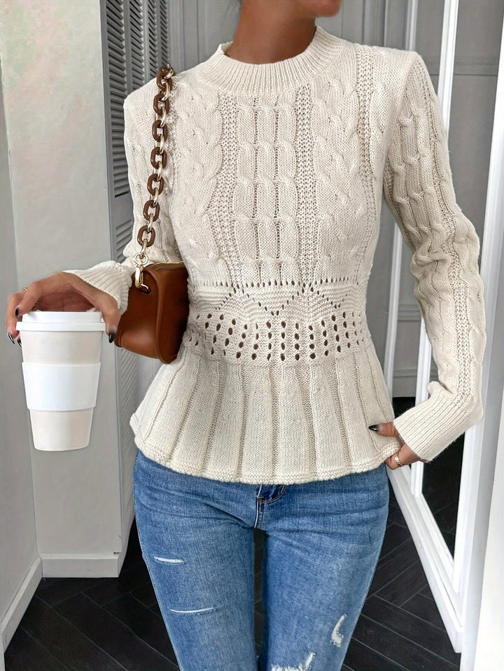 Chunky Cable Knit Sweater with Round Neck - Elena-Beige-S-Nora Luxe