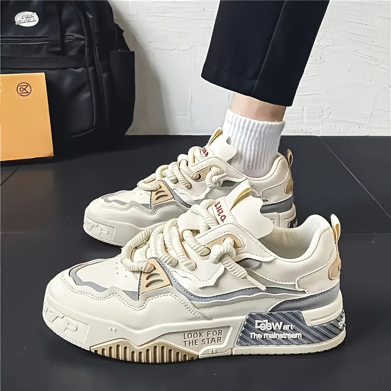 Chunky men's streetwear sneaker with tread sole & comfort padding - Cairo-Beige-5.5-Nora Luxe