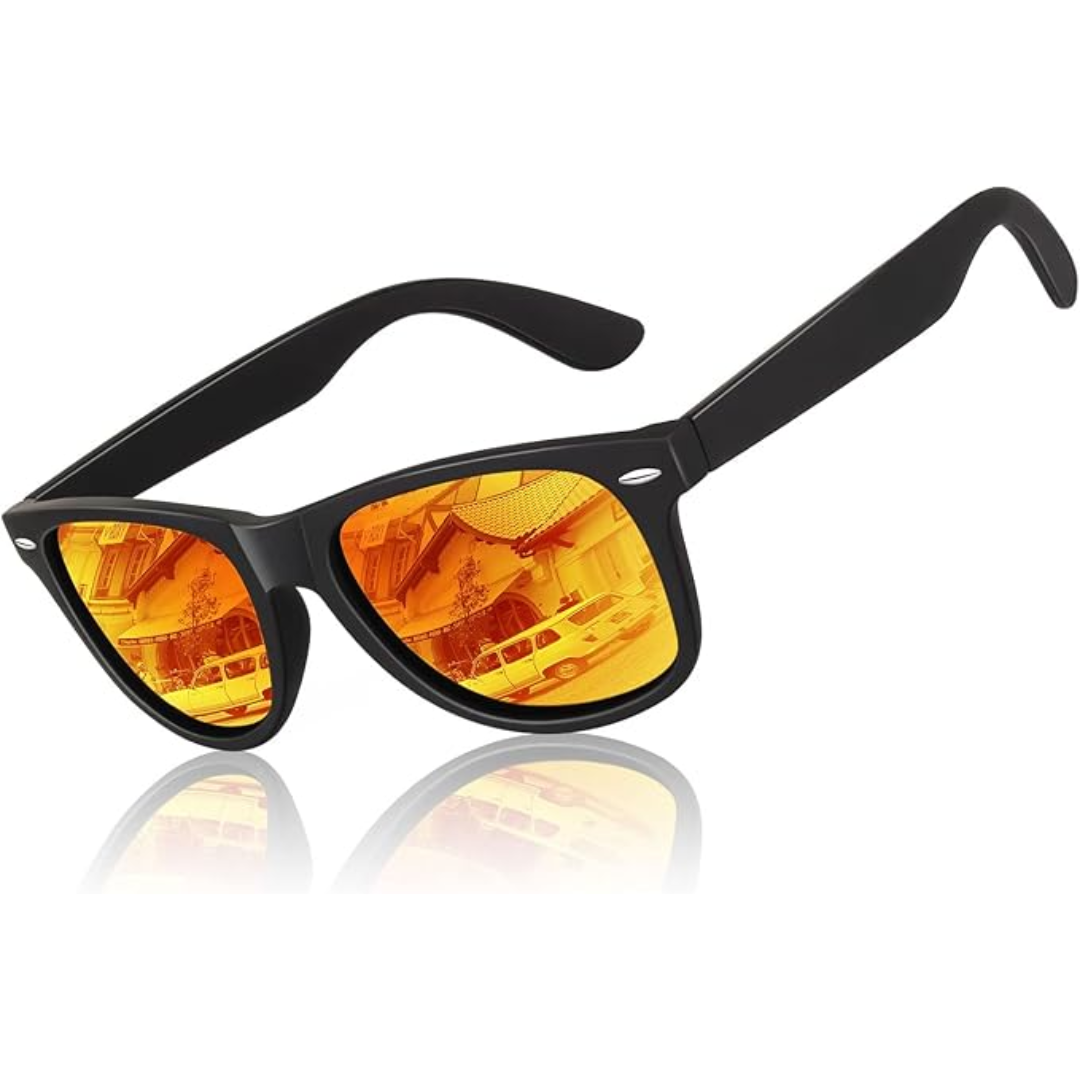 Classic 80's Retro Polarized Sunglasses - Jamie-Matte Black Frame | Amber Scarlet Mirror Lens-Nora Luxe