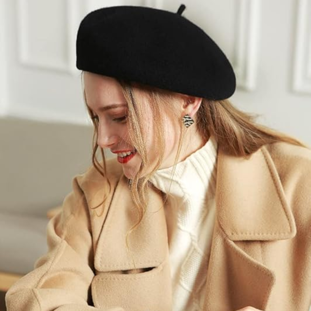 Classic French Wool Beret – Evelyne-Black-Nora Luxe