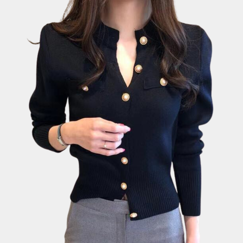 Classic Knitted Women's Cardigan with Button Closure - Eloise-Black-Nora Luxe