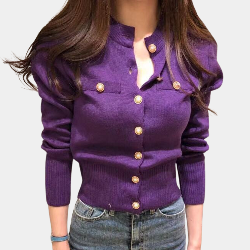 Classic Knitted Women's Cardigan with Button Closure - Eloise-Purple-Nora Luxe