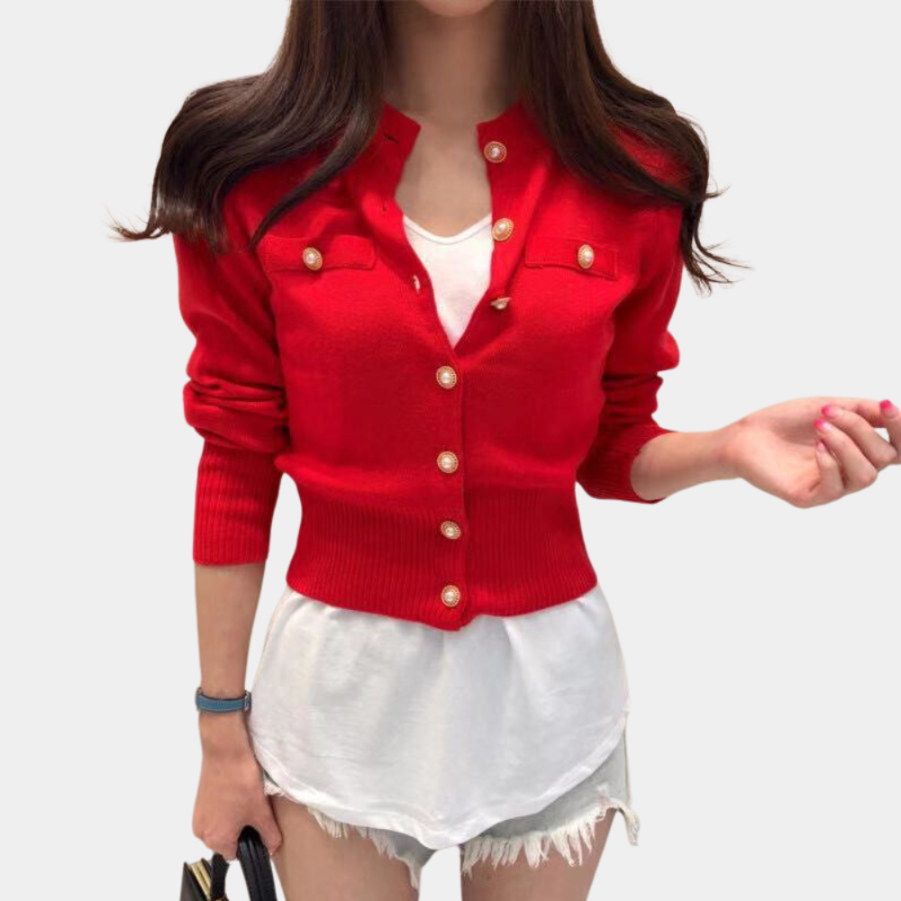 Classic Knitted Women's Cardigan with Button Closure - Eloise-Red-Nora Luxe
