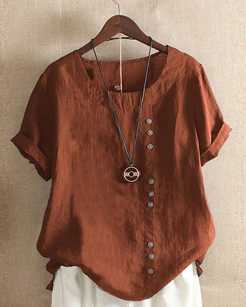 Classic Plain T-shirt with Short Sleeves and Round Neck - Emma-Brown-S-Nora Luxe