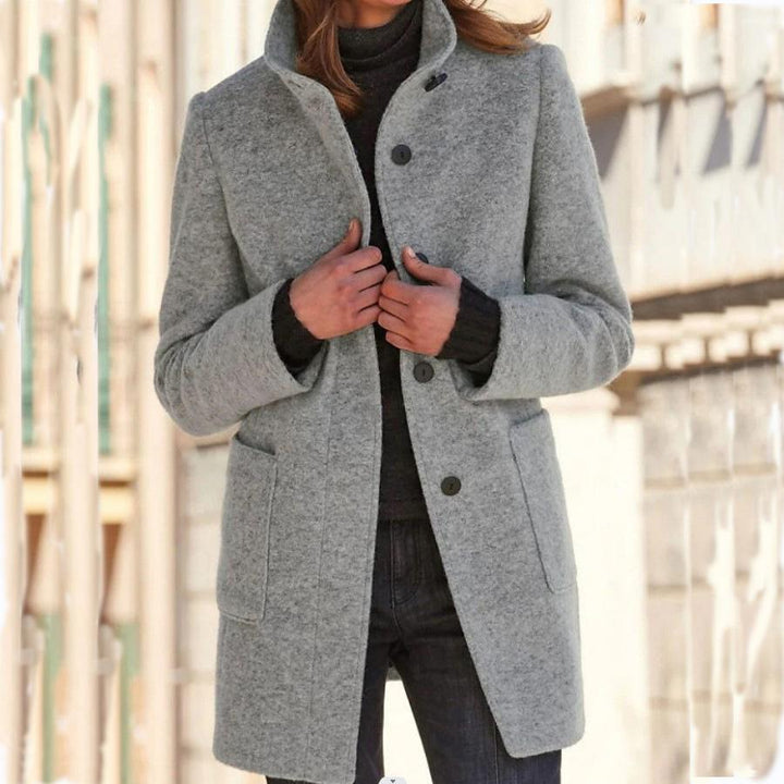 Classic Wool Ladies' Coat with Retro Button Closure - Amanda-Light Gray-S-Nora Luxe