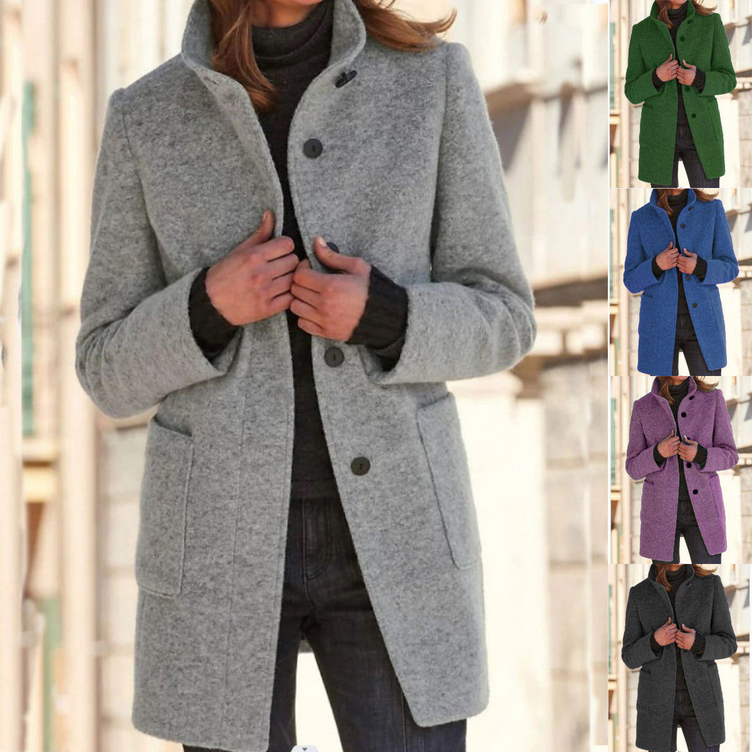 Classic Wool Ladies' Coat with Retro Button Closure - Amanda-Light Gray-S-Nora Luxe