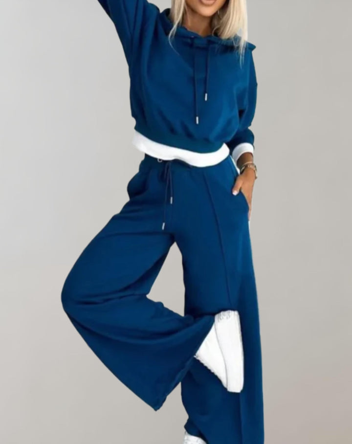 Cléo - Comfy Two-piece Set with Hoodie and Wide Trousers-Blue-S-Nora Luxe