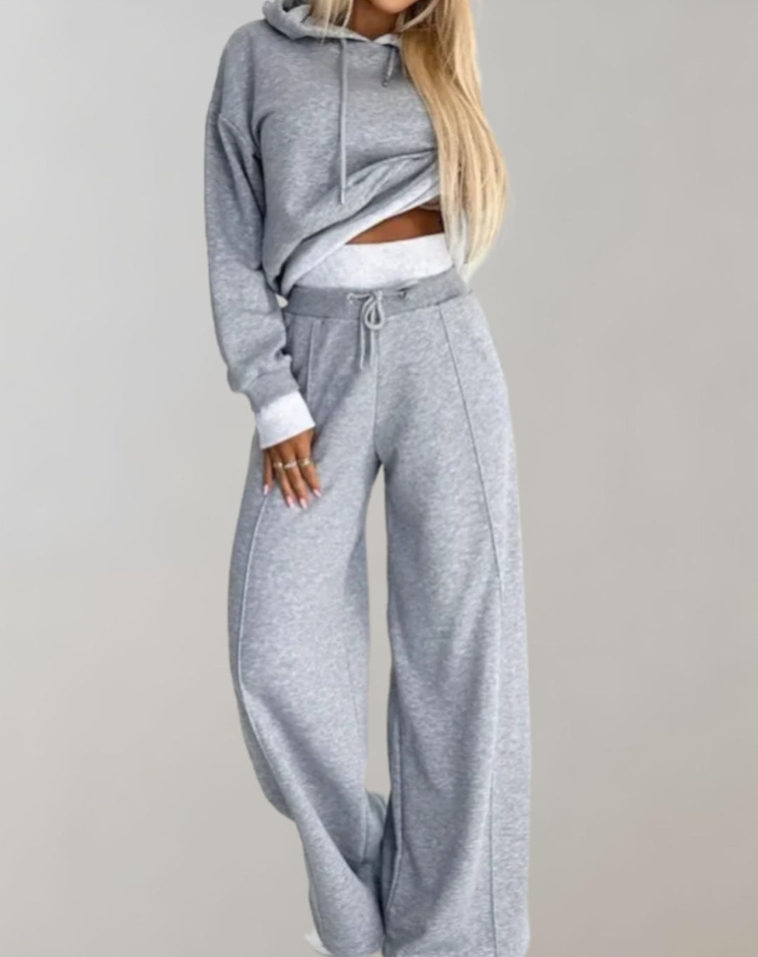 Cléo - Comfy Two-piece Set with Hoodie and Wide Trousers-Gray-S-Nora Luxe
