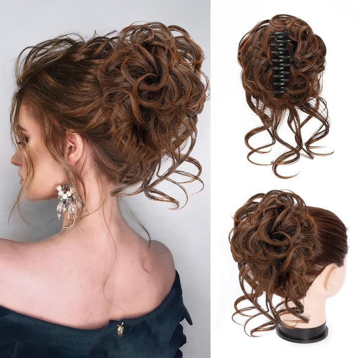 Clip with Hair Extension for Wavy Bun – CurlClip-Brown-Nora Luxe
